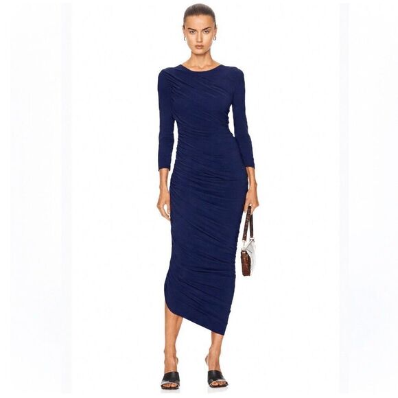 Norma Kamali Dresses & Skirts - Norma Kamali Diana Gown Long Sleeve Midi Ruched Navy Dress Ruched NEW XL Revolve